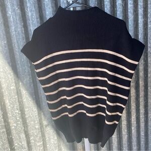 Black Cream Striped Knit Mock Neck Sleeveless Sweater Size Medium